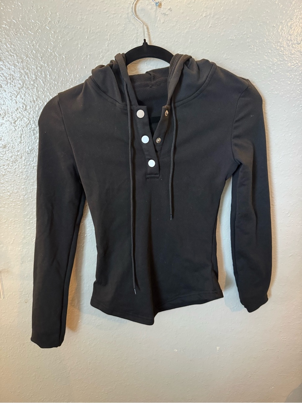 Black Hooded Long-Sleeve Pullover with Snap Placket